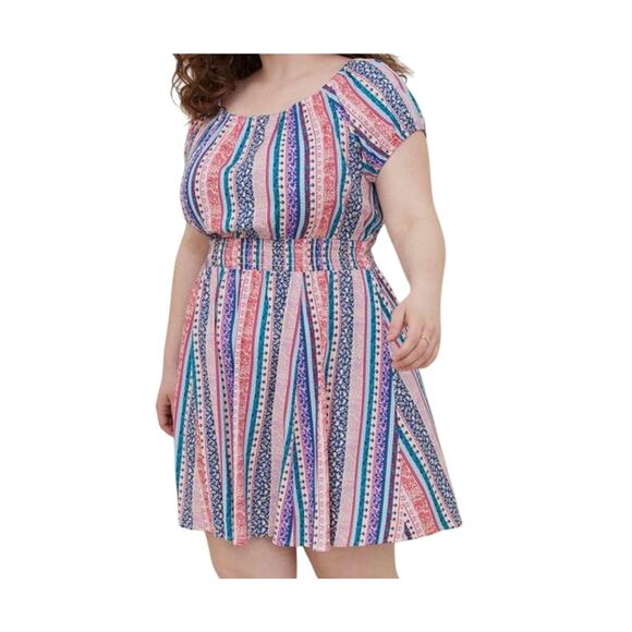 Mini Lenny Smocked Off-Shoulder Dress- vertical stripes Torrid Size 3 floral - Picture 5 of 8